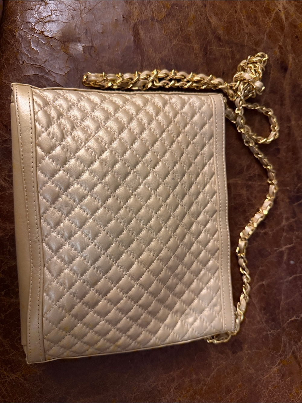 Vintage Ganson San Francisco Quilted Champagne Gold Leather Chain Shoulder Bag